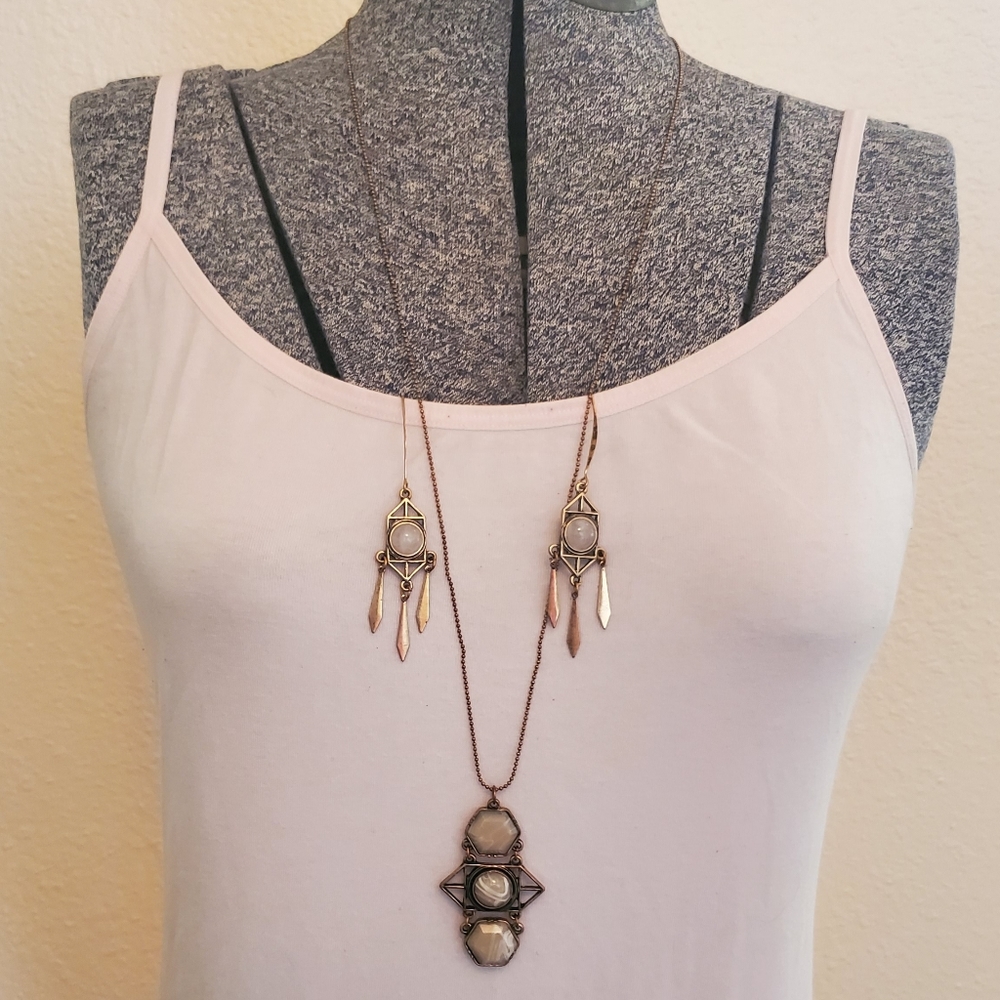 Gold and pink necklace and earring set
